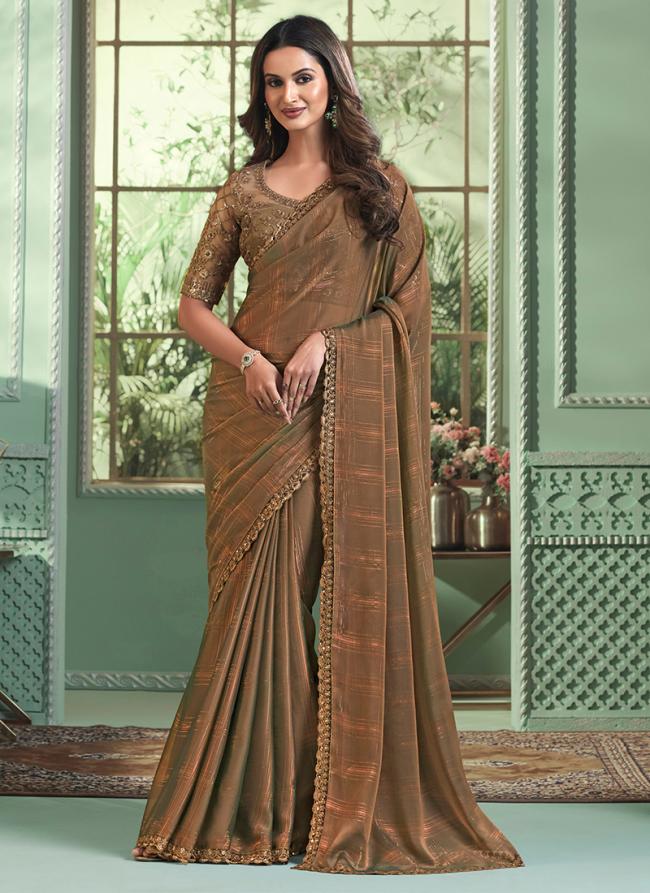 Georgette Brown Party Wear Embroidery Work Saree